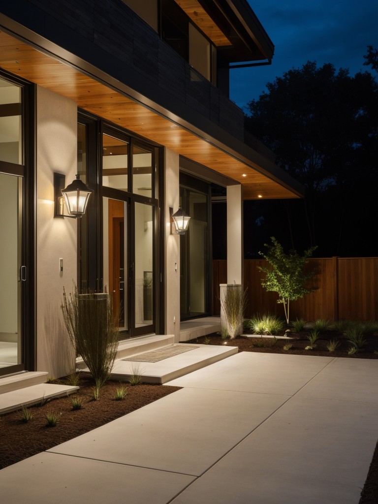 Introduce well-designed lighting fixtures around the building and its pathways, creating a safe and visually appealing atmosphere during nighttime.