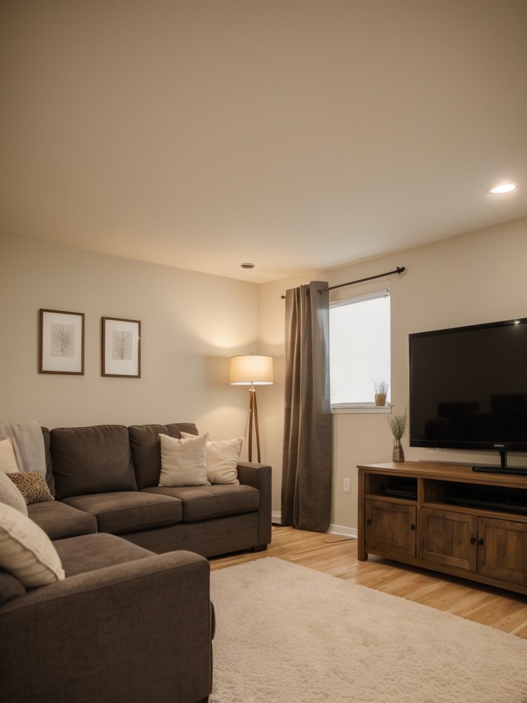 Creating a cozy and inviting living room area in your basement apartment, combining soft textures, warm lighting, and comfortable seating.