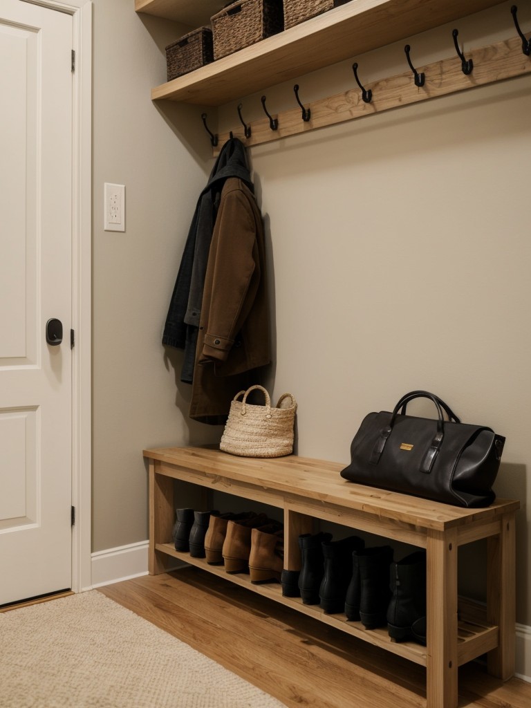 Creating a functional entryway space in your basement apartment, with a shoe rack, coat hooks, and a small bench for added convenience.