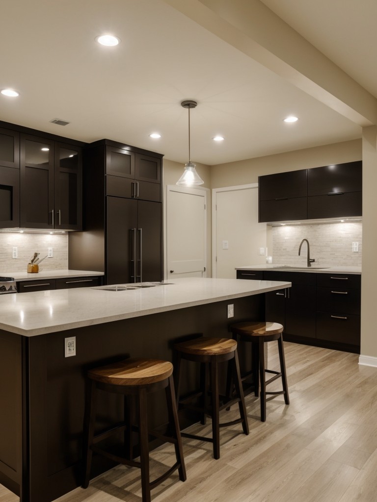 Designing a functional and stylish basement kitchen, incorporating smart storage options and efficient appliances.