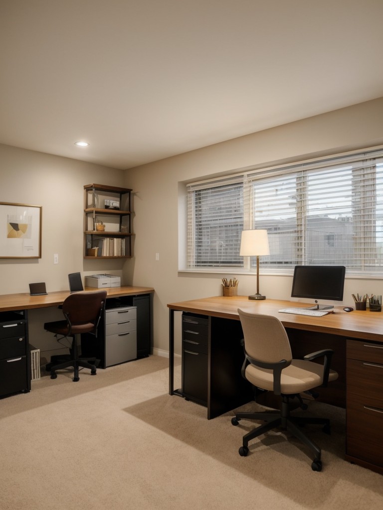 Designing a home office in your basement apartment, with ample desk space, ergonomic furniture, and proper lighting for productivity.
