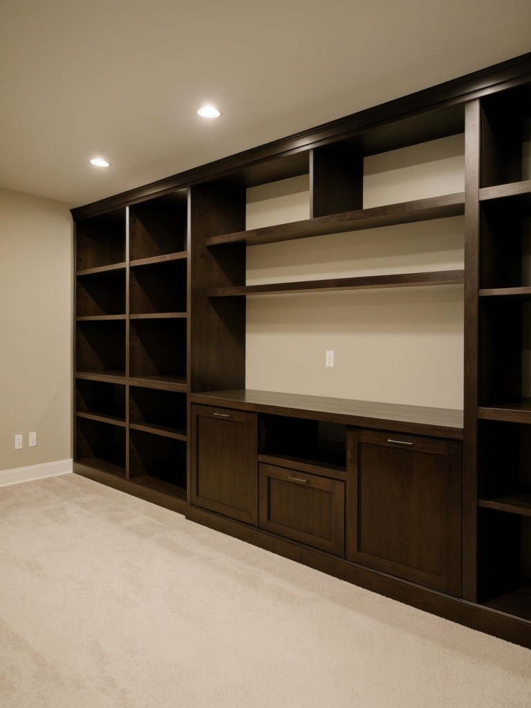 Incorporating built-in storage units and shelving into the layout of your basement apartment for optimal organization.