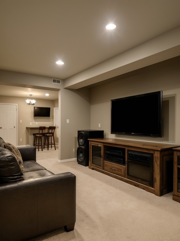 Incorporating a home entertainment area in your basement apartment, with a cozy seating arrangement, a large TV screen, and built-in sound systems.