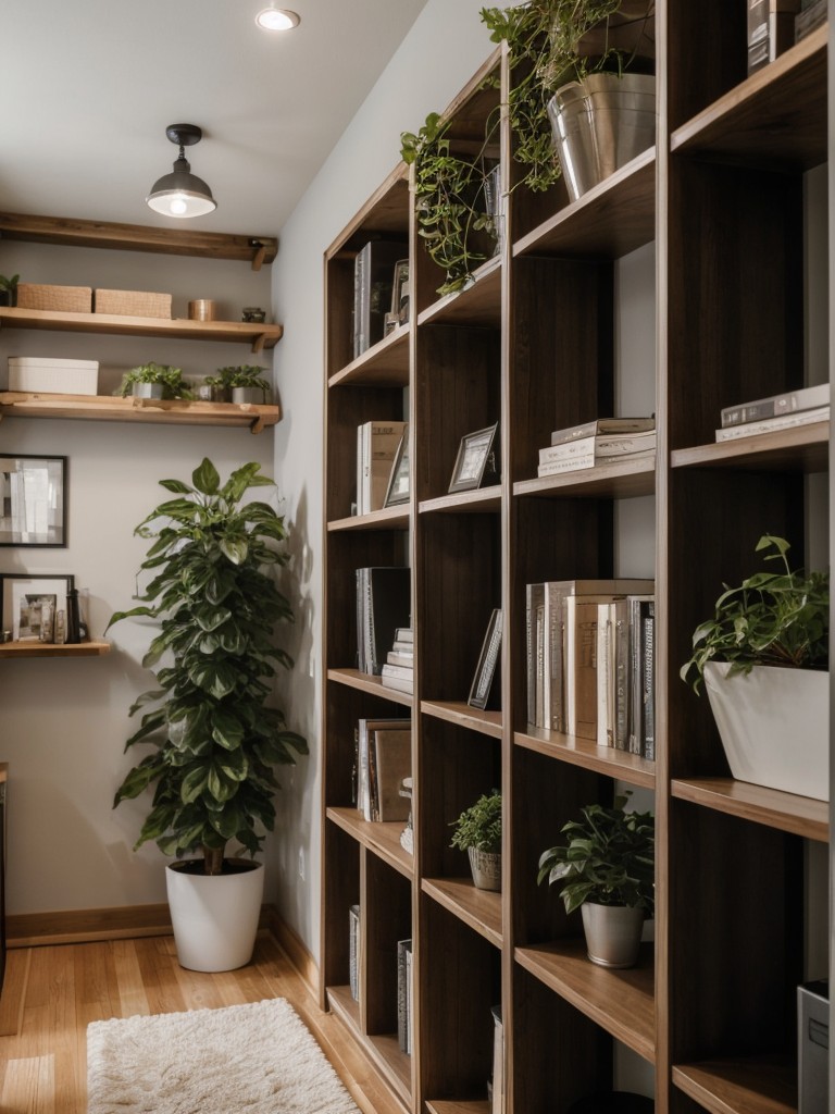 Maximizing vertical space in your basement apartment with tall bookshelves, wall-mounted storage units, and high hanging plants.