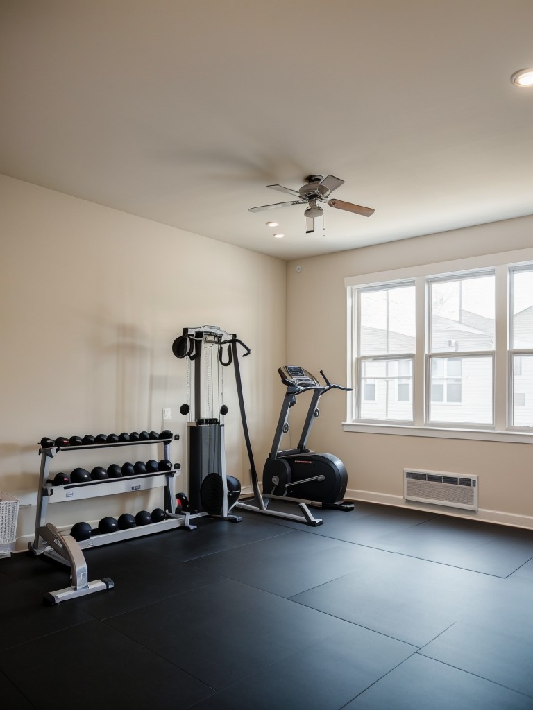 Setting up a home gym in your basement apartment, with exercise equipment that can be easily stored away and proper flooring for workout purposes.