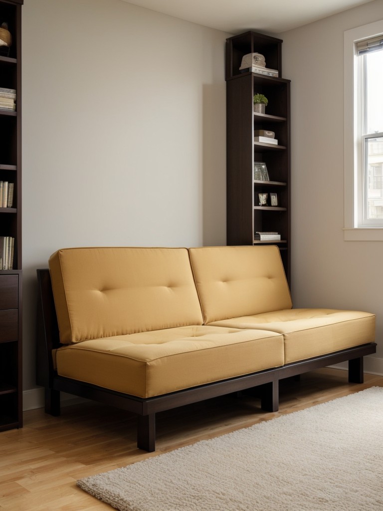 Space-saving furniture ideas for a small basement apartment, such as Murphy beds, modular sofas, and folding tables.