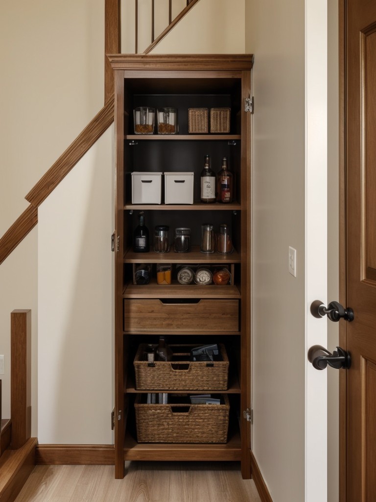 Utilizing under-stair space for additional storage or functional purposes, such as a small home office or a mini-bar.