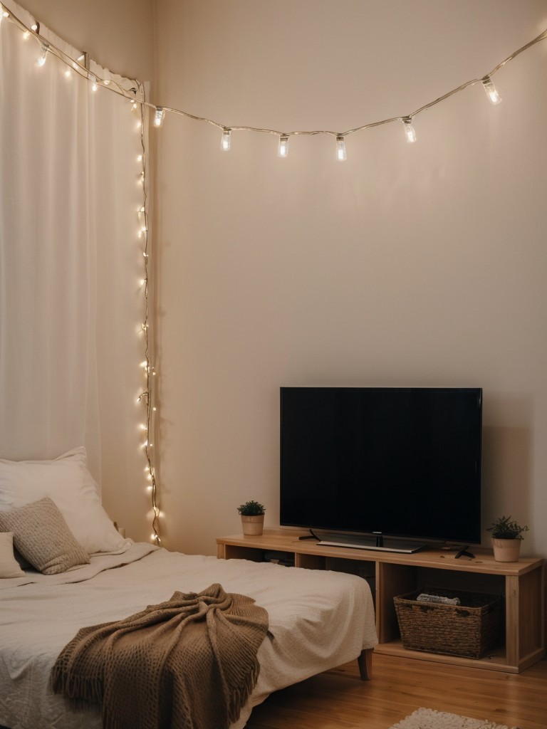 Hang string lights or fairy lights to add a whimsical and cozy atmosphere to the apartment.