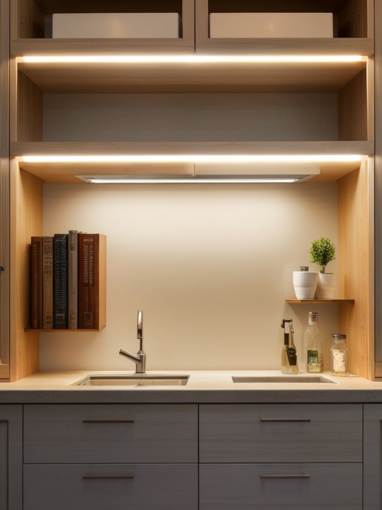 Use LED strip lights under cabinets or along bookshelves for a subtle, ambient glow.