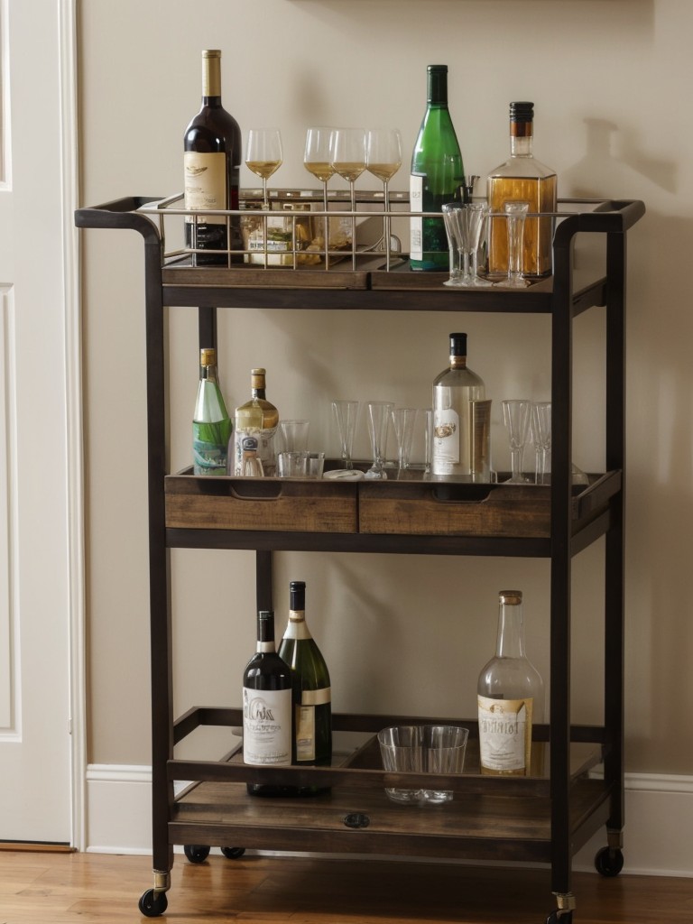 Consider incorporating a small bar cart or shelving unit for a stylish way to store and display your favorite drinks.