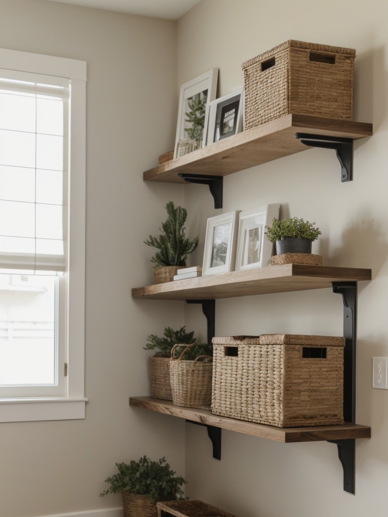 Install floating shelves to display decorative items without taking up valuable floor space.