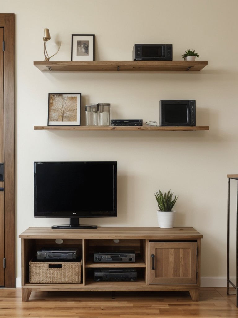 Install a versatile media console that provides storage for electronics and keeps wires neat and organized.
