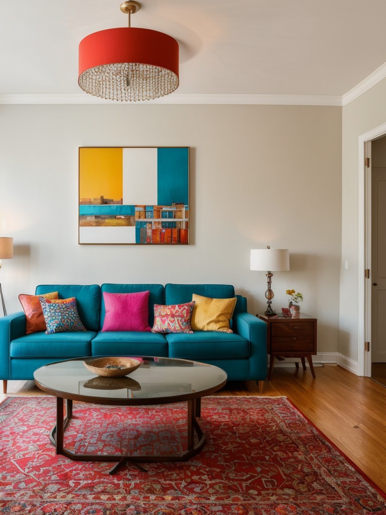 Artsy living room apartment ideas with bold and colorful artwork, mix-and-match furniture styles, and eye-catching lighting fixtures to create a unique and inspiring space.
