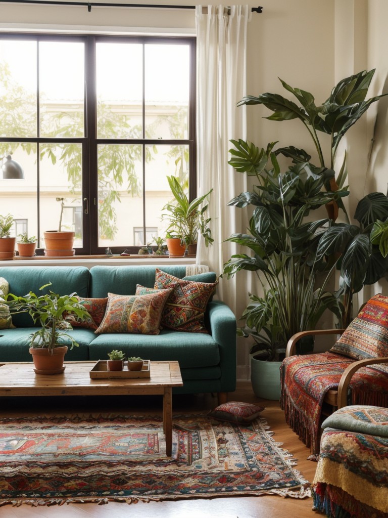 Bohemian living room apartment ideas with vibrant colors, layered textiles like tapestries and Moroccan rugs, and lots of plants to create a relaxed and eclectic atmosphere.