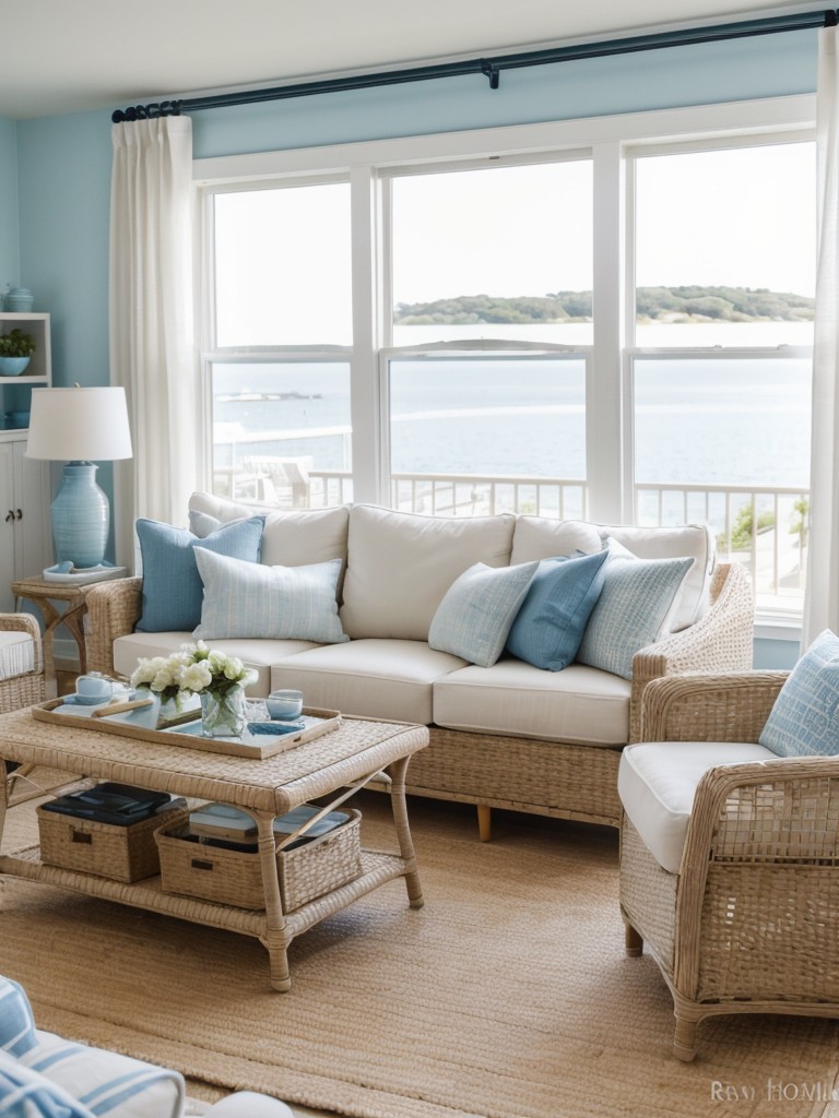 Coastal living room apartment ideas with light and airy colors like white, blue, and beige, natural textures like wicker and jute, and nautical-inspired decor elements.