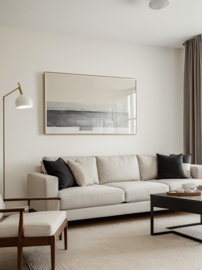 Contemporary living room apartment ideas with clean lines, a neutral color palette, and statement pieces of furniture or artwork as focal points in the space.