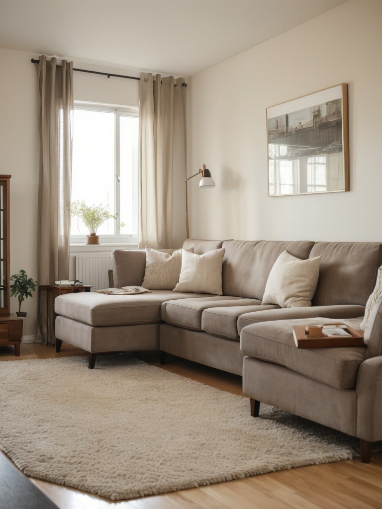 Cozy living room apartment ideas with a neutral color palette and comfortable seating options like oversized sofas or plush armchairs.