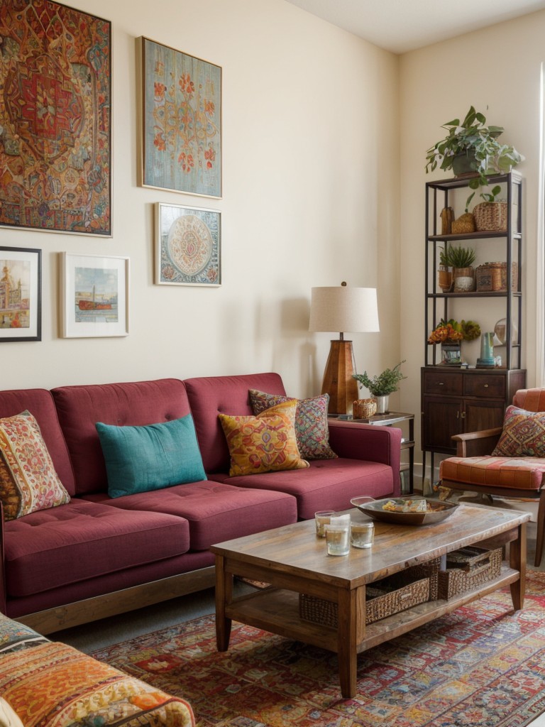 Eclectic living room apartment ideas with a mix of vibrant colors, patterns, and textures through accent pillows, decorative rugs, and unique artwork.