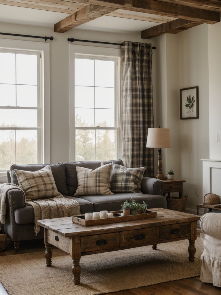 Farmhouse living room apartment ideas with rustic elements like reclaimed wood furniture, cozy textiles like plaid blankets and linen curtains, and vintage-inspired decor.