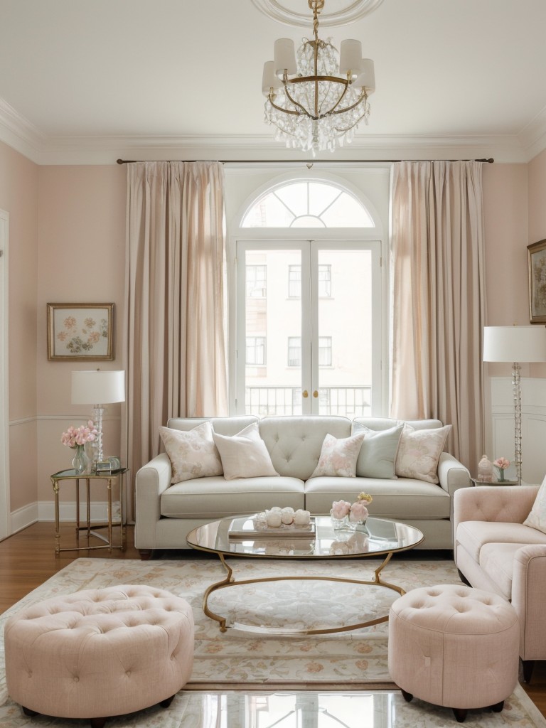 Feminine living room apartment ideas with soft pastel colors, floral patterns, and elegant furniture pieces like a tufted sofa or a mirrored coffee table.