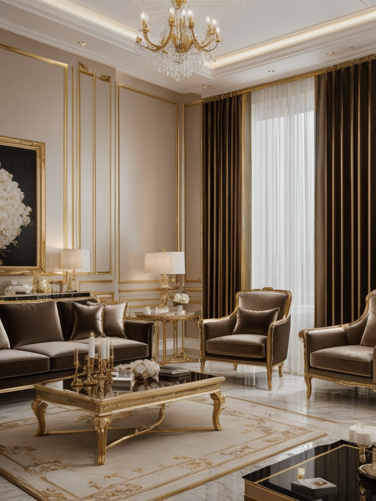 Glamorous living room apartment ideas with luxurious materials like velvet and satin, metallic accents, and statement lighting fixtures for a touch of elegance.