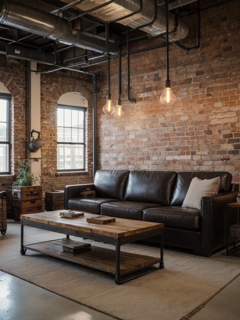Industrial-chic living room apartment ideas with a blend of industrial and vintage elements, such as exposed brick walls, Edison light bulbs, and worn leather furniture.