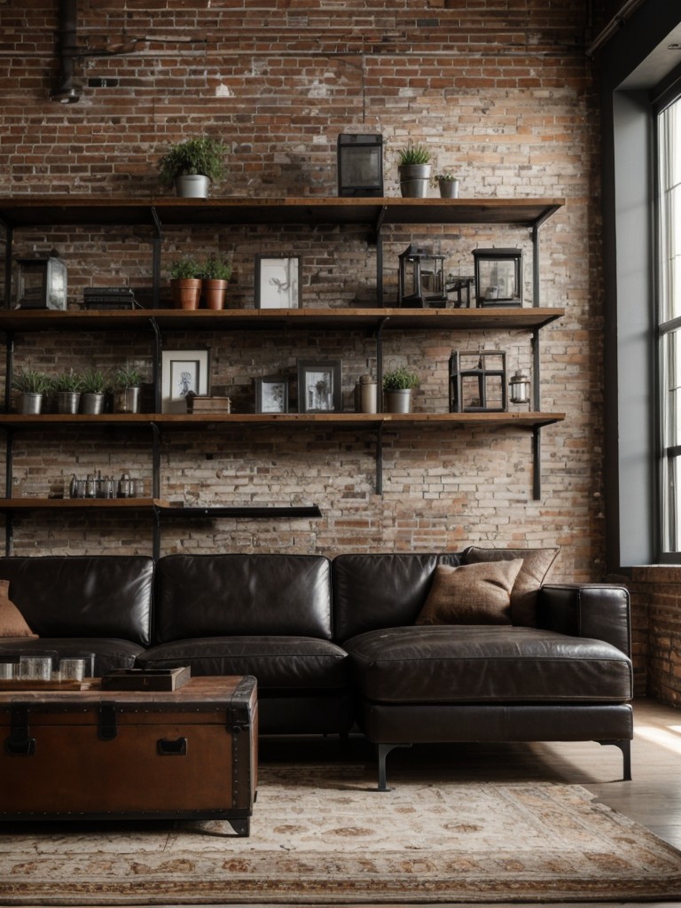 Industrial living room apartment ideas with exposed brick walls, open shelving, metal accents, and leather furniture to create a raw and edgy atmosphere.