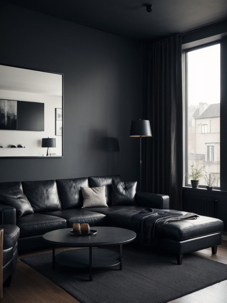Masculine living room apartment ideas with dark and moody colors like charcoal gray or navy, leather furniture, and minimalist decor for a sleek and sophisticated look.