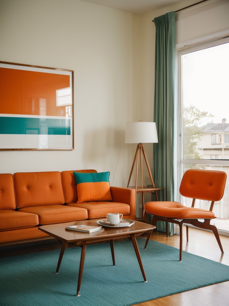 Mid-century modern living room apartment ideas with iconic furniture pieces like a vintage Eames chair, geometric patterns, and vibrant colors like orange and teal.