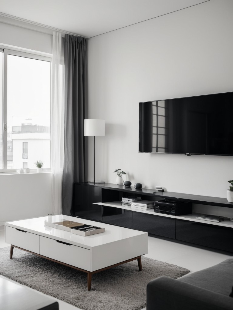 Minimalist living room apartment ideas with a sleek design using monochromatic colors, simple furniture, and minimal accessories for a clutter-free look.