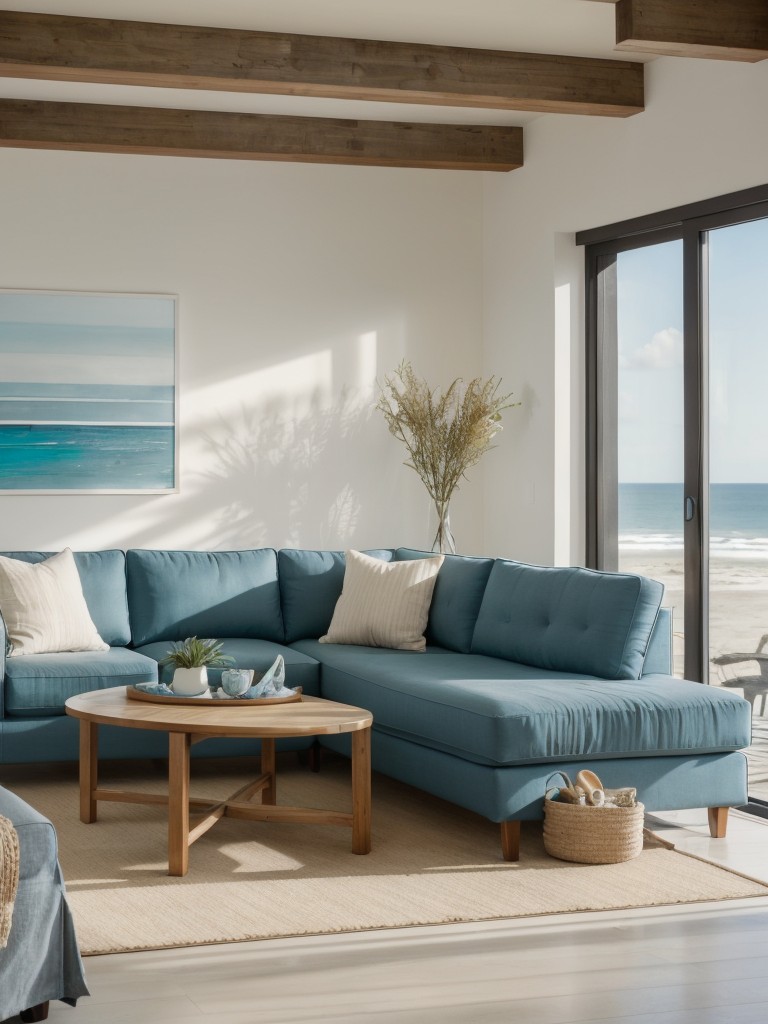 Modern coastal living room apartment ideas with a mix of contemporary and beachy elements, like clean lines, natural materials, and ocean-inspired color schemes.