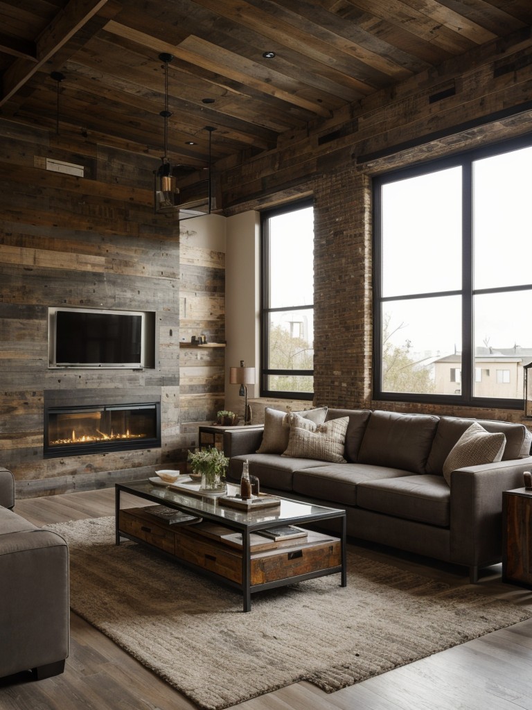 Modern rustic living room apartment ideas with a combination of rustic textures like distressed wood and sleek finishes like metal or glass for a perfect blend of warmth and modernity.