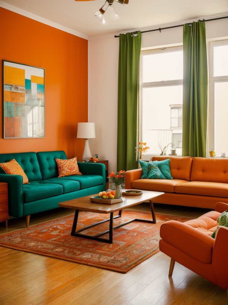 Retro living room apartment ideas with bold and vibrant colors like orange or green, funky patterns, and vintage-inspired furniture and accessories.