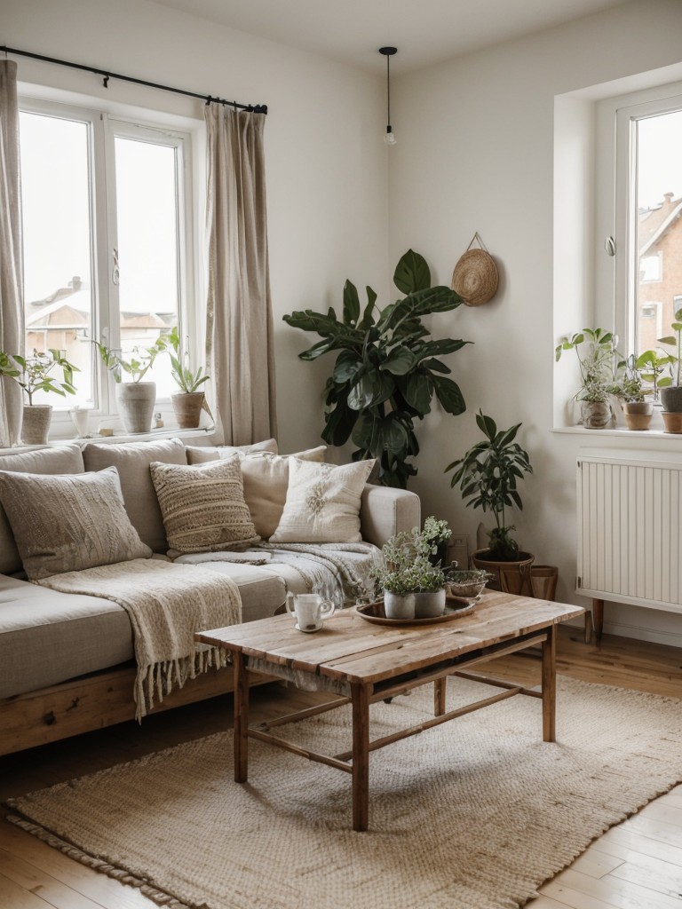 Scandinavian bohemian living room apartment ideas with a mix of clean lines, natural materials, boho patterns, and cozy textures for a cozy and laid-back atmosphere.