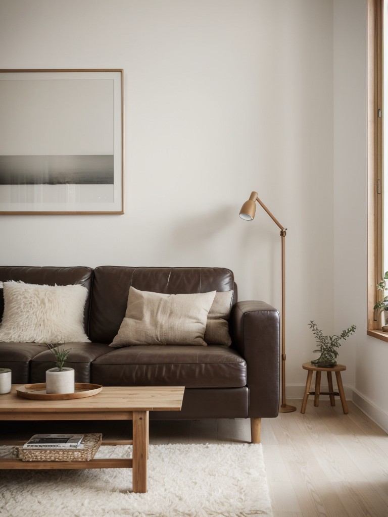Scandinavian living room apartment ideas with clean lines, natural materials like wood and leather, and a neutral color palette to create a cozy and inviting space.
