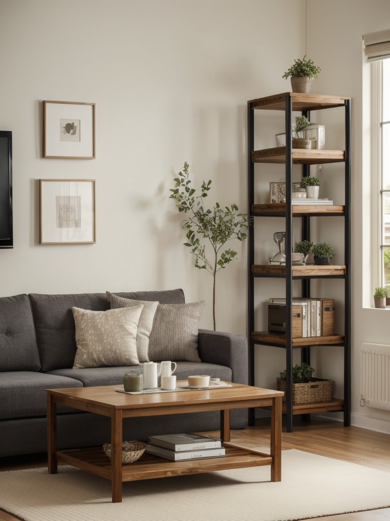 Small living room apartment ideas with space-saving furniture, such as foldable tables, nesting coffee tables, or wall-mounted shelves for storage.