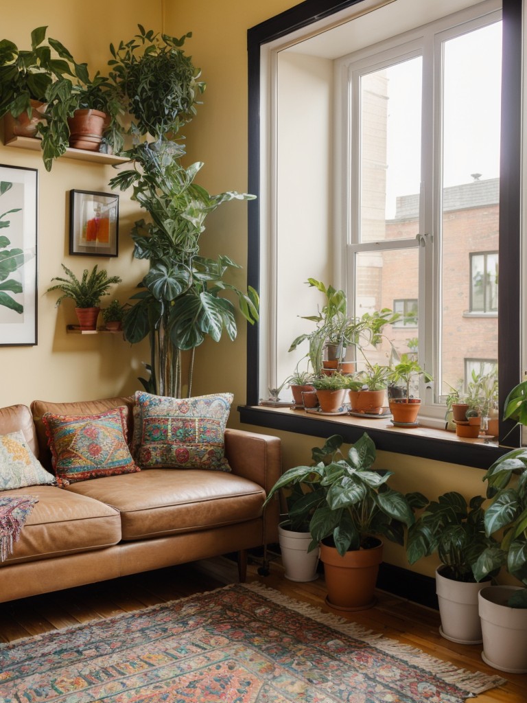 Bohemian loft apartment with colorful textiles, eclectic furniture, and plant-filled corners, creating a vibrant and free-spirited atmosphere.