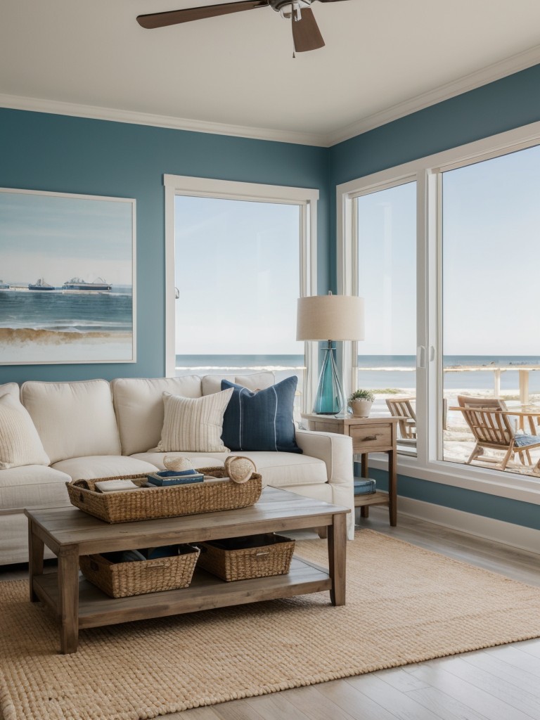 Coastal loft apartment design, using a light and breezy color palette, natural textures, and nautical accents, evoking a beachy vibe.