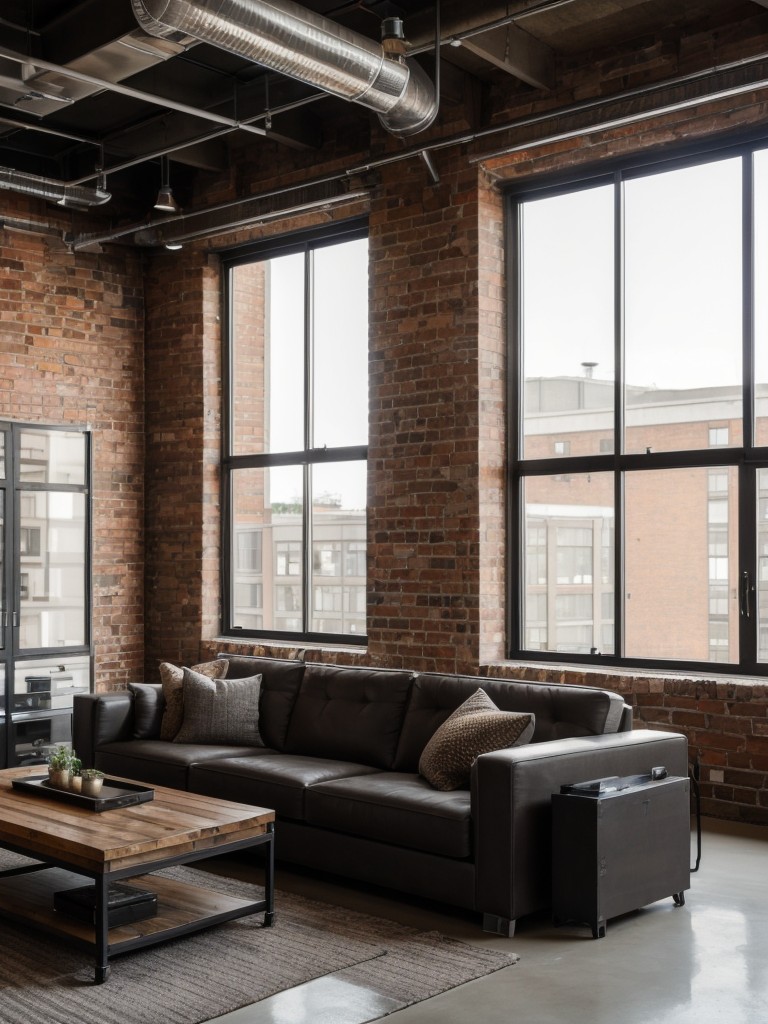 Contemporary loft apartment with industrial touches, exposed brick walls, and open floor plan, using sleek furniture, statement lighting, and metal accents.