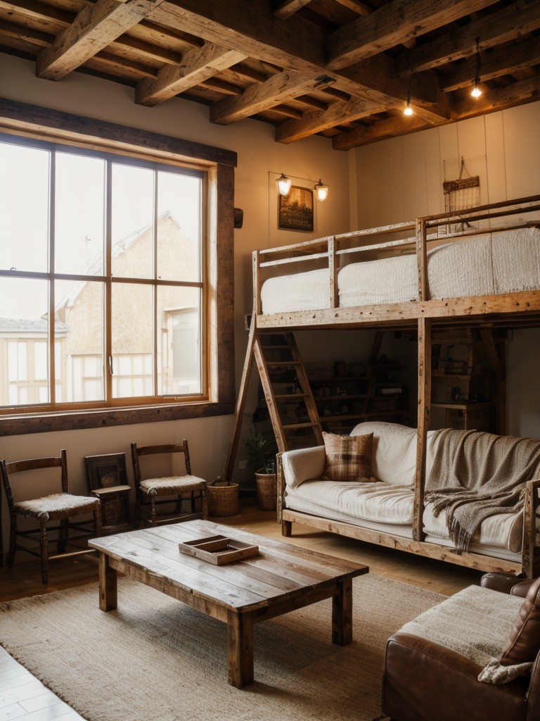 Cozy loft apartment with rustic charm, incorporating wooden beams, cozy textiles, and vintage-inspired decor for a warm and inviting atmosphere.