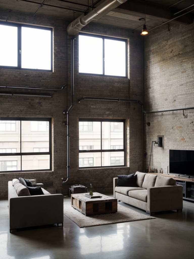 Industrial-chic loft apartment with exposed pipes, concrete walls, and reclaimed materials, creating a trendy and urban aesthetic.