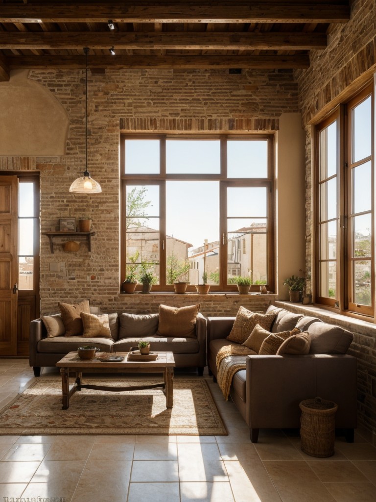 Mediterranean loft apartment design, featuring warm earth tones, rustic furniture, and intricate tile work, creating a cozy and inviting vibe.