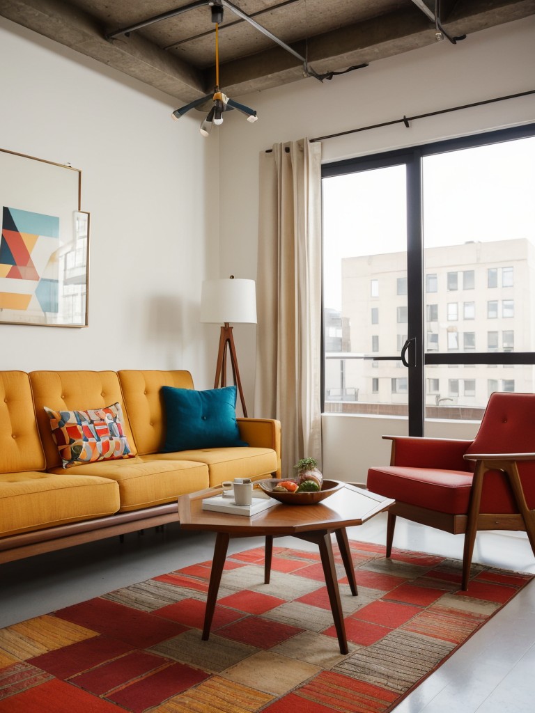 Mid-century modern loft apartment, featuring iconic furniture pieces, geometric patterns, and pops of bold colors, for a timeless and stylish look.