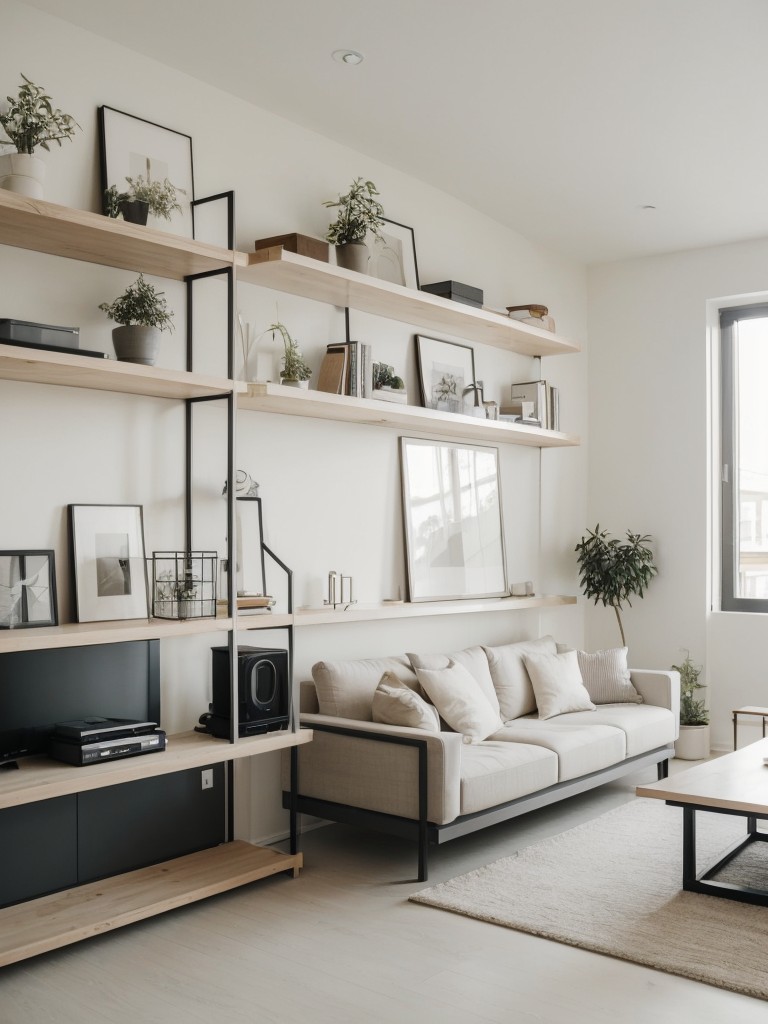 Minimalist loft apartment design with sleek lines, neutral color palette, and open shelving, making the most of the available space.