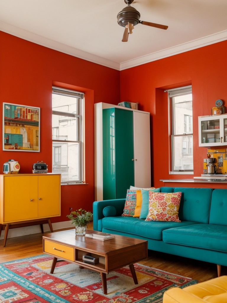 Retro-inspired loft apartment with vintage furniture, bold patterns, and vibrant colors, adding a playful and nostalgic touch to the space.