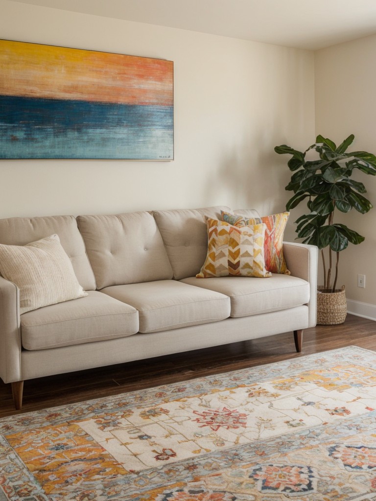 Add pops of color to the neutral palette with vibrant accent pillows, artwork, or a colorful area rug.