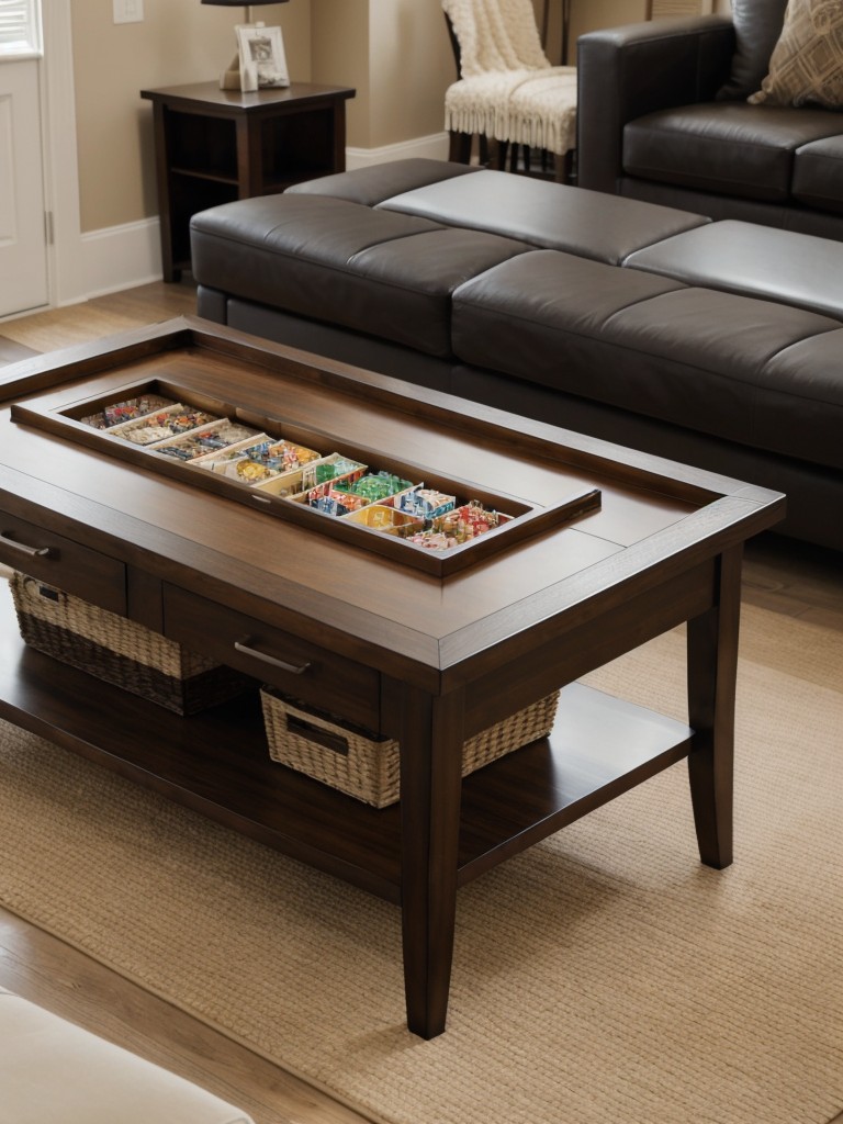 Incorporate a multi-functional coffee table that can be used for storage, as well as a surface for activities like board games or dining.