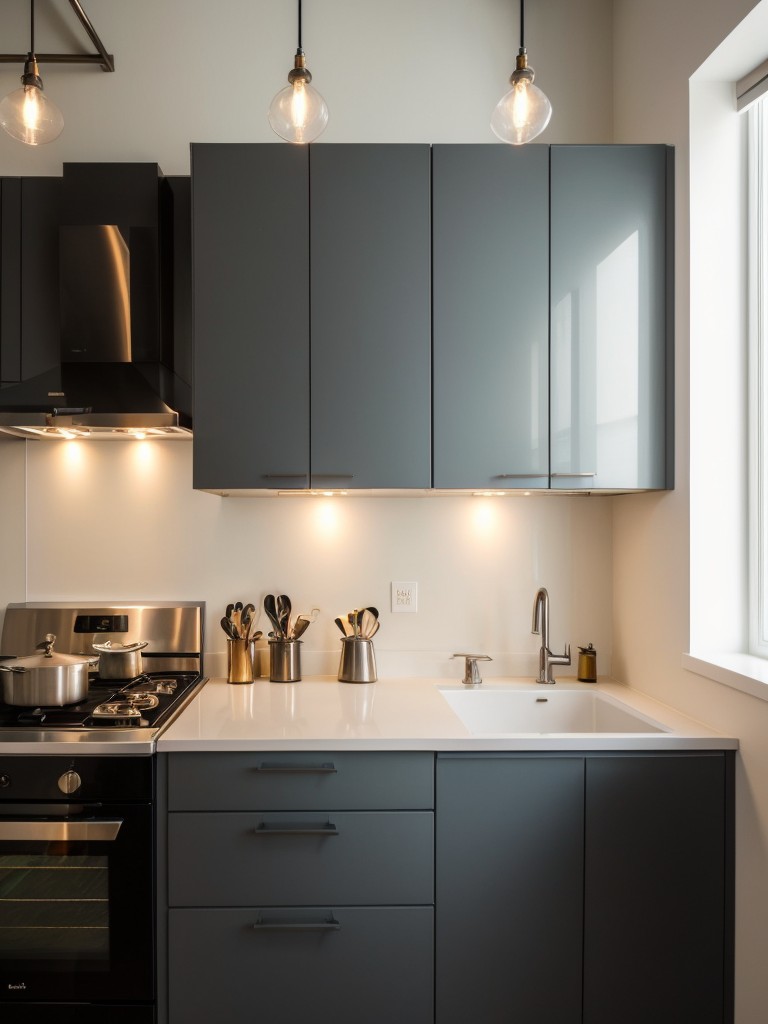 Creating a cohesive design in small apartment kitchens with matching hardware, lighting fixtures, and cohesive color palettes.