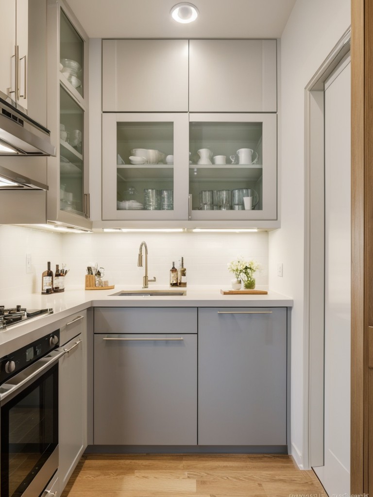 Creating the illusion of more space in small apartment kitchens by using glass cabinet doors, open shelving, and light-colored backsplashes.