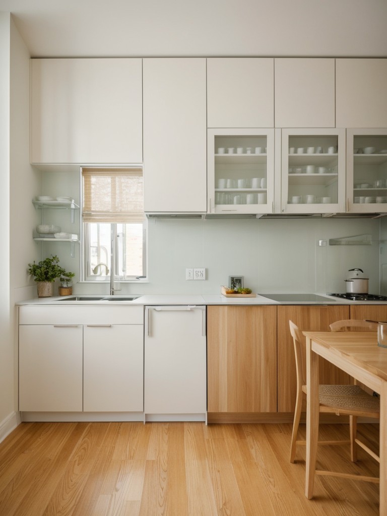 Creating an open and airy ambiance in small apartment kitchens with open shelving, glass cabinet doors, and light-colored flooring.